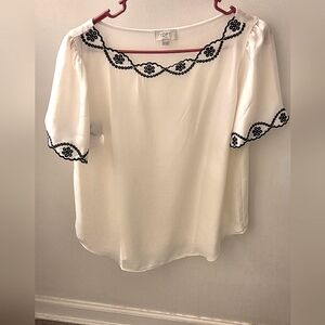 Loft Cream and Black Embellished Short Sleeve Blouse